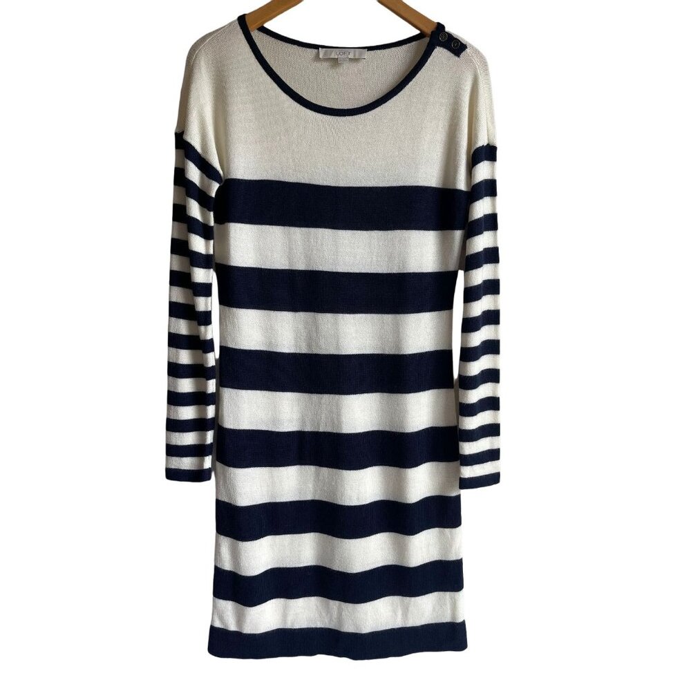 LOFT Wool Blend Striped Navy & Cream Sweater Dress Size Medium